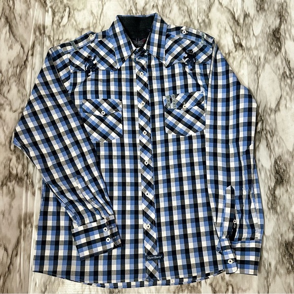 English Army People’s Army Blue Check Button Down Mens Shirt Sz L Hand Stitched - Picture 2 of 13
